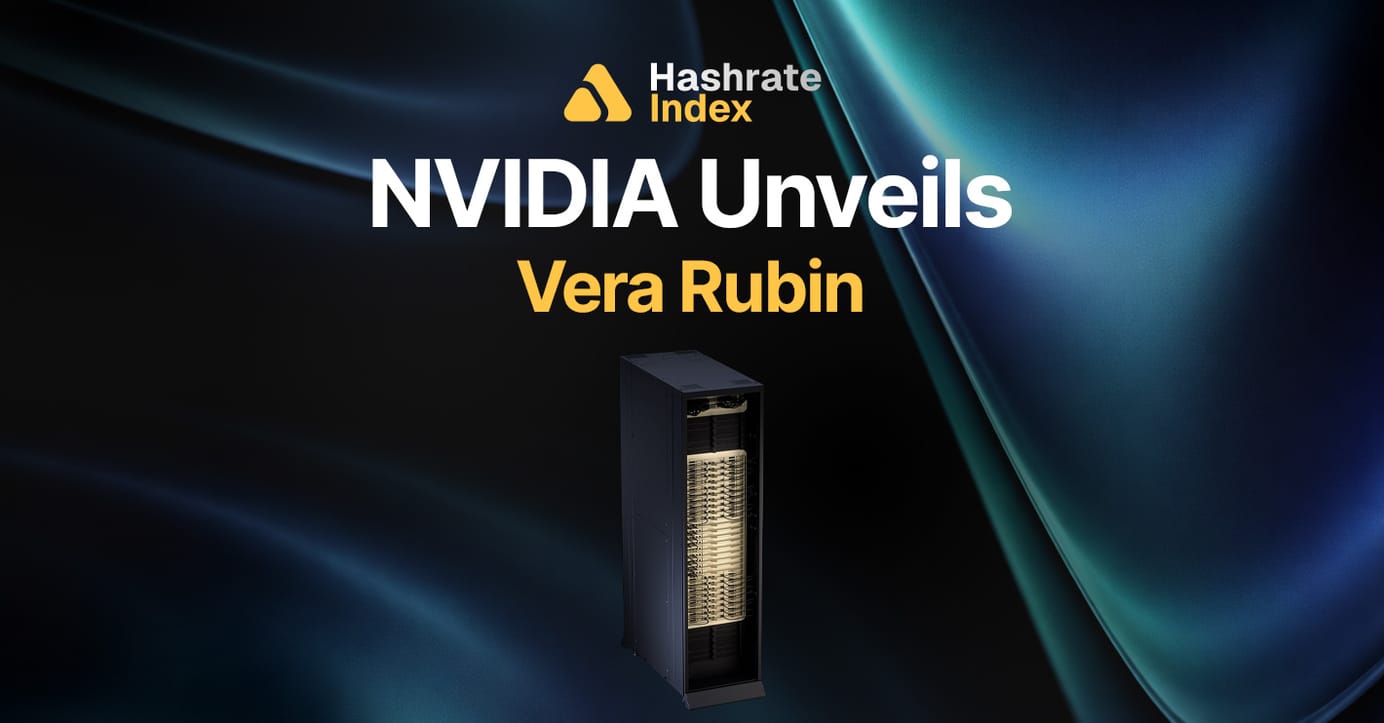 Background of swirling contours of blue and green iridescence, Hashrate Index logo, text reads: "NVIDIA Unveils Vera Rubin", Vera Rubin stack image